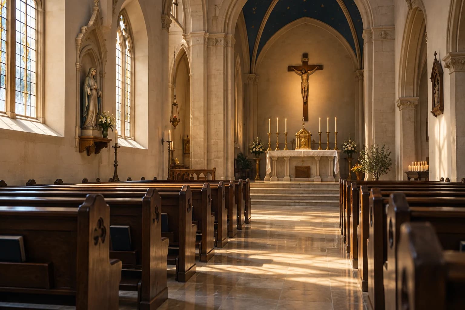 Interior de uma igreja católica iluminado pela luz da manhã